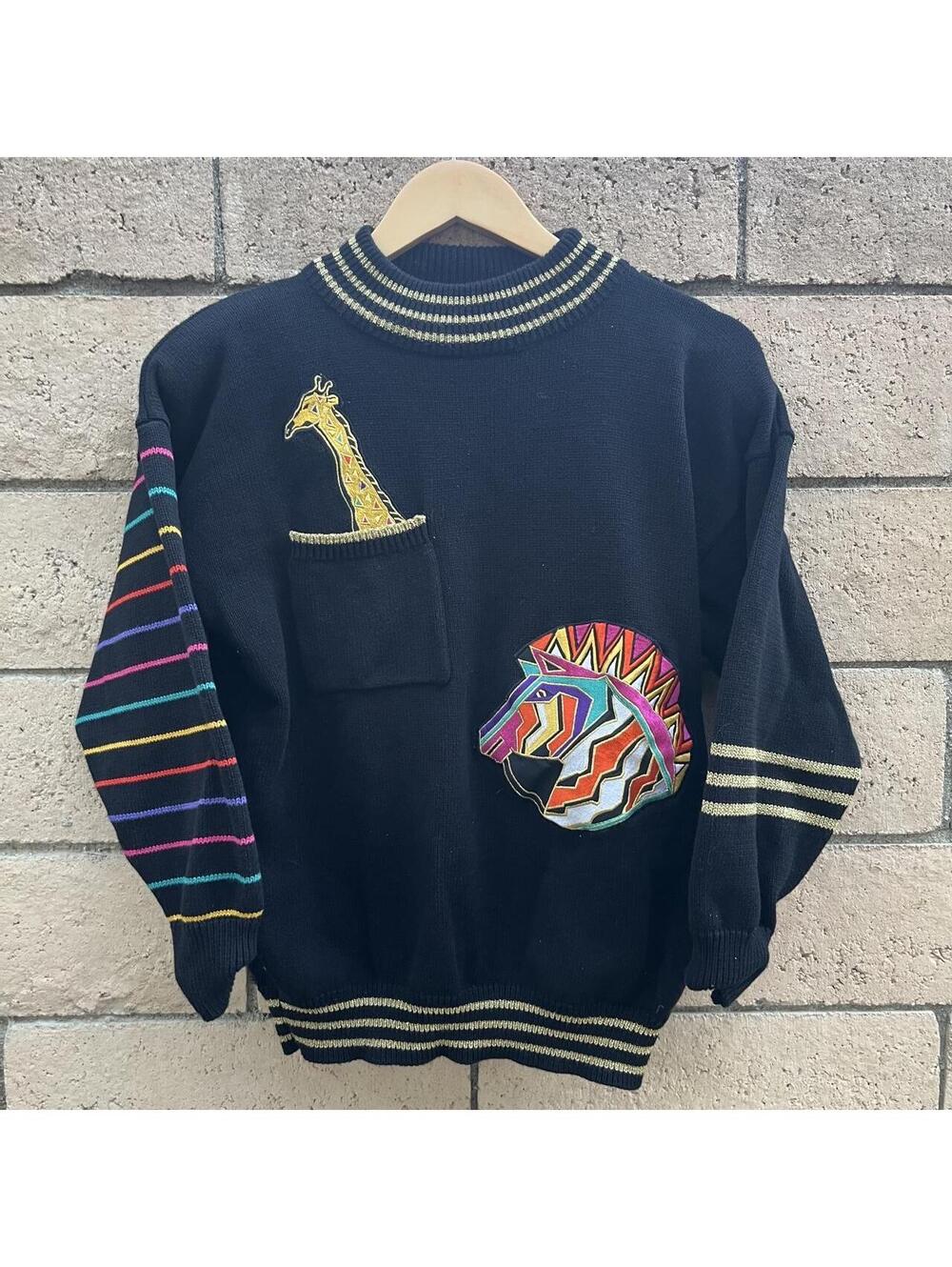 Vintage 80s black colorful hand loomed sweater with animal embroidery | size S
